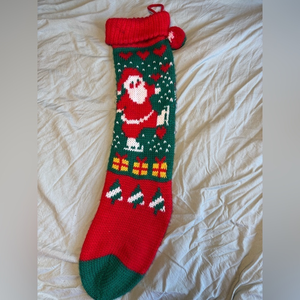 Vintage santa woven slouchy knit Santa Claus Christmas stocking - Picture 1 of 3